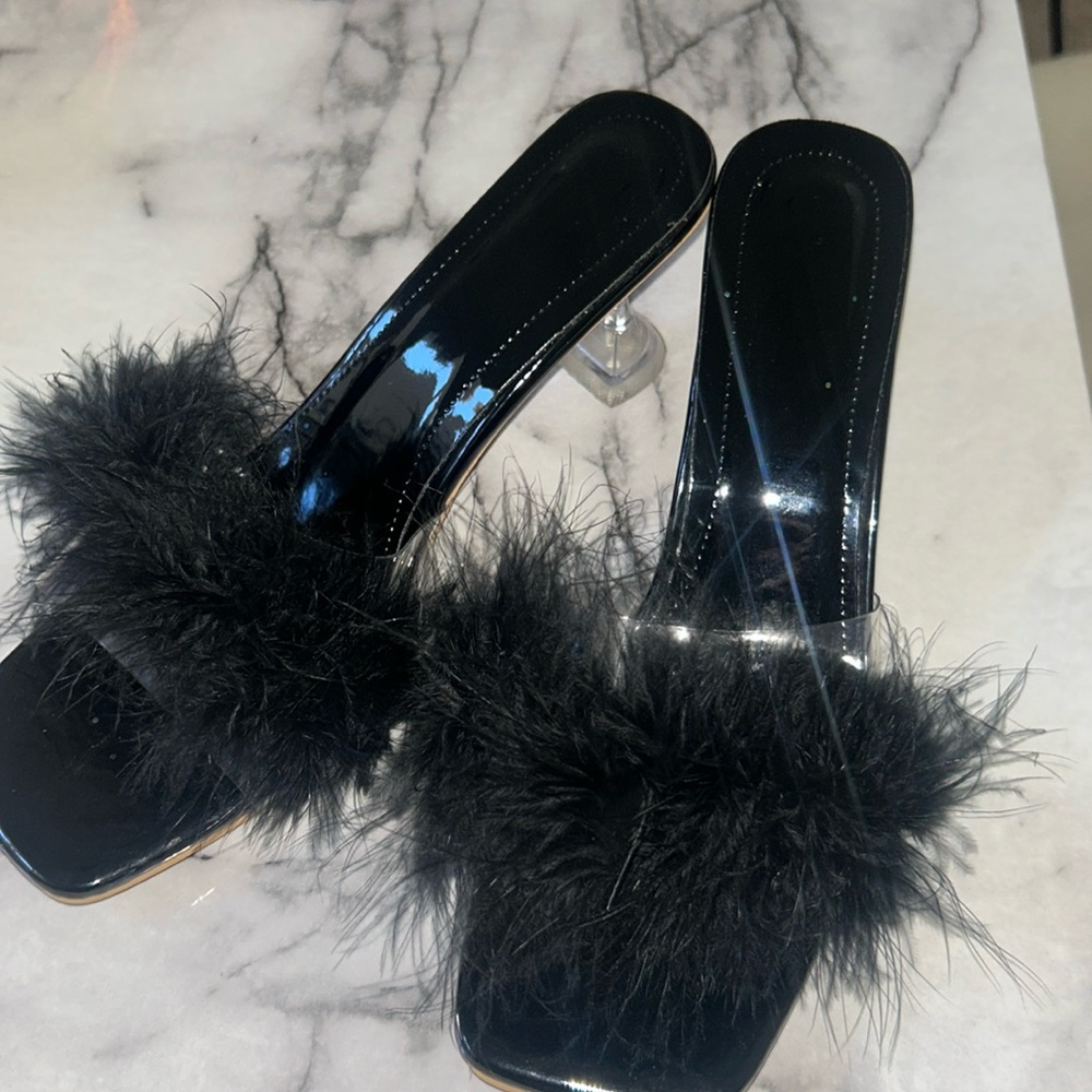 Furry mini heels, size 8.5 black heels